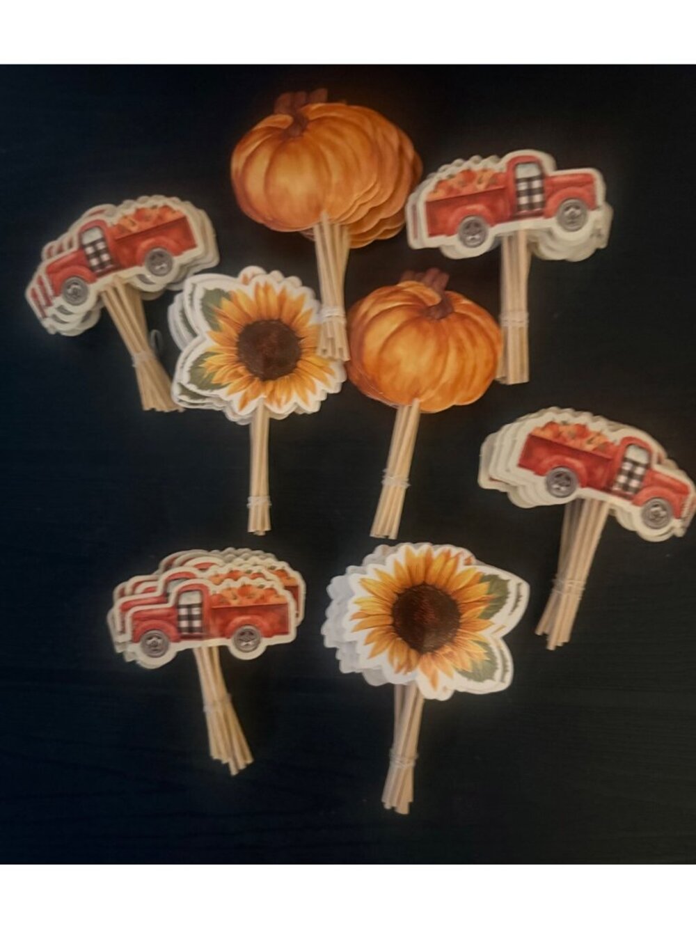 Picks decorative autumn-themed food/cupcake toppers featuring cutout designs of